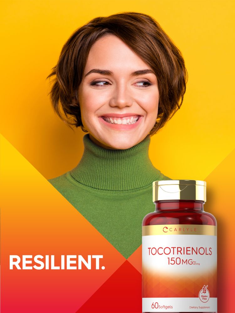 Young adult woman smiling, looking left, next to a Carlyle Tocotrienols 150mg softgel bottle, with text 'RESILIENT.'.