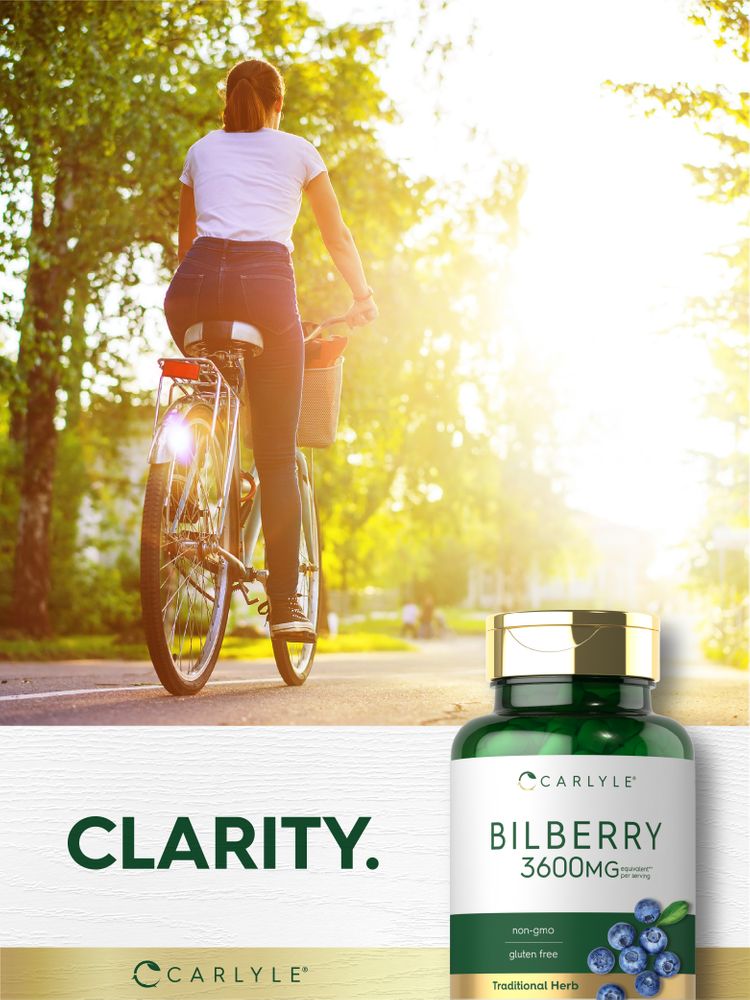 Woman riding a bicycle outdoors on a sunny path with a bottle of Carlyle Bilberry and the word 'CLARITY' visible.
