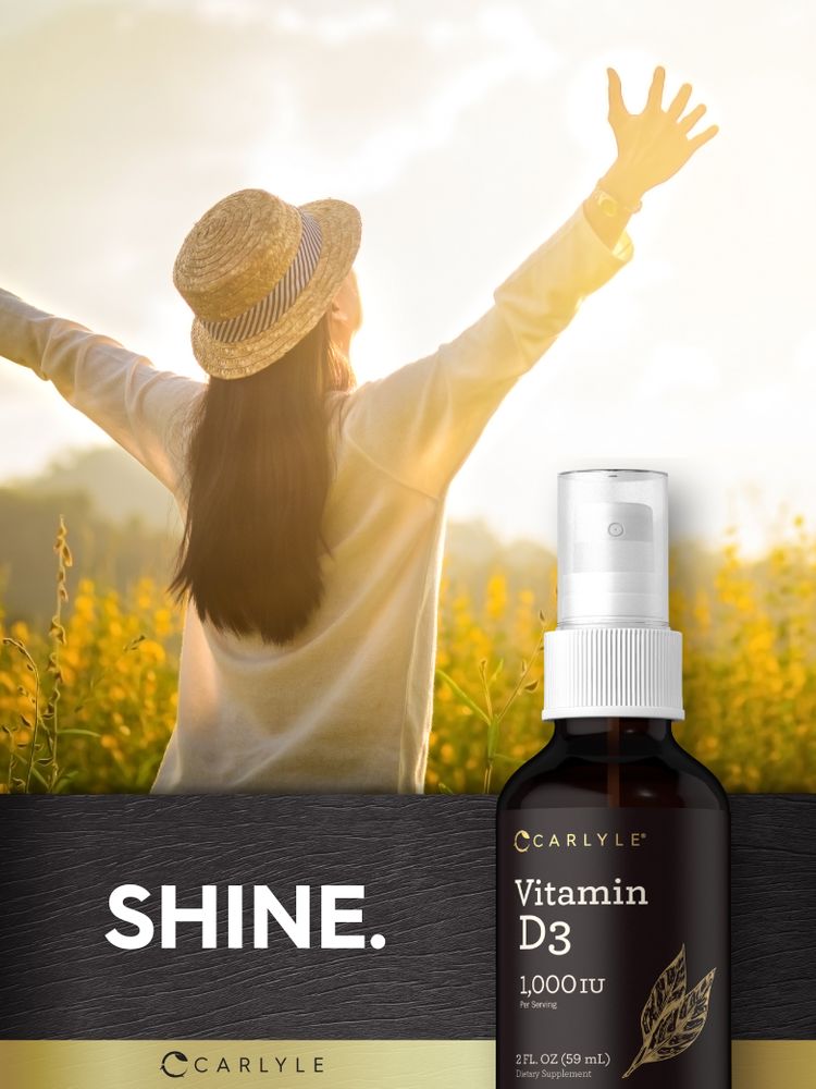 A woman with a straw hat and outstretched arms looking at the sky in a field of yellow flowers, beside a Carlyle Vitamin D3 spray.