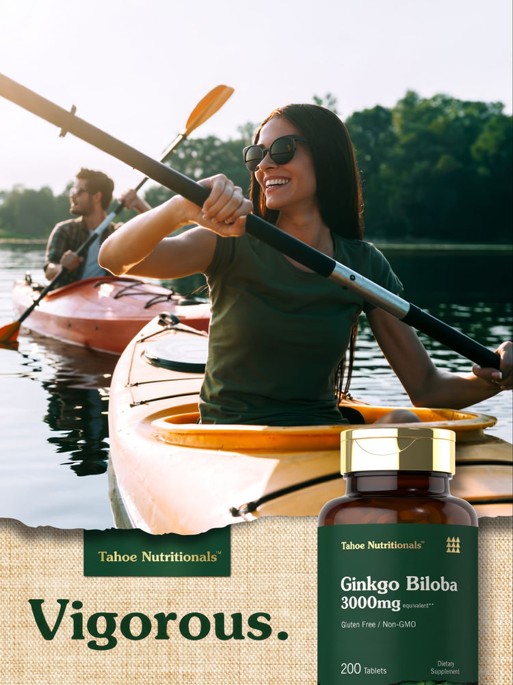 Hand holding Tahoe Nutritionals Ginkgo Biloba 3000mg Equivalent bottle, contains 200 tablets.