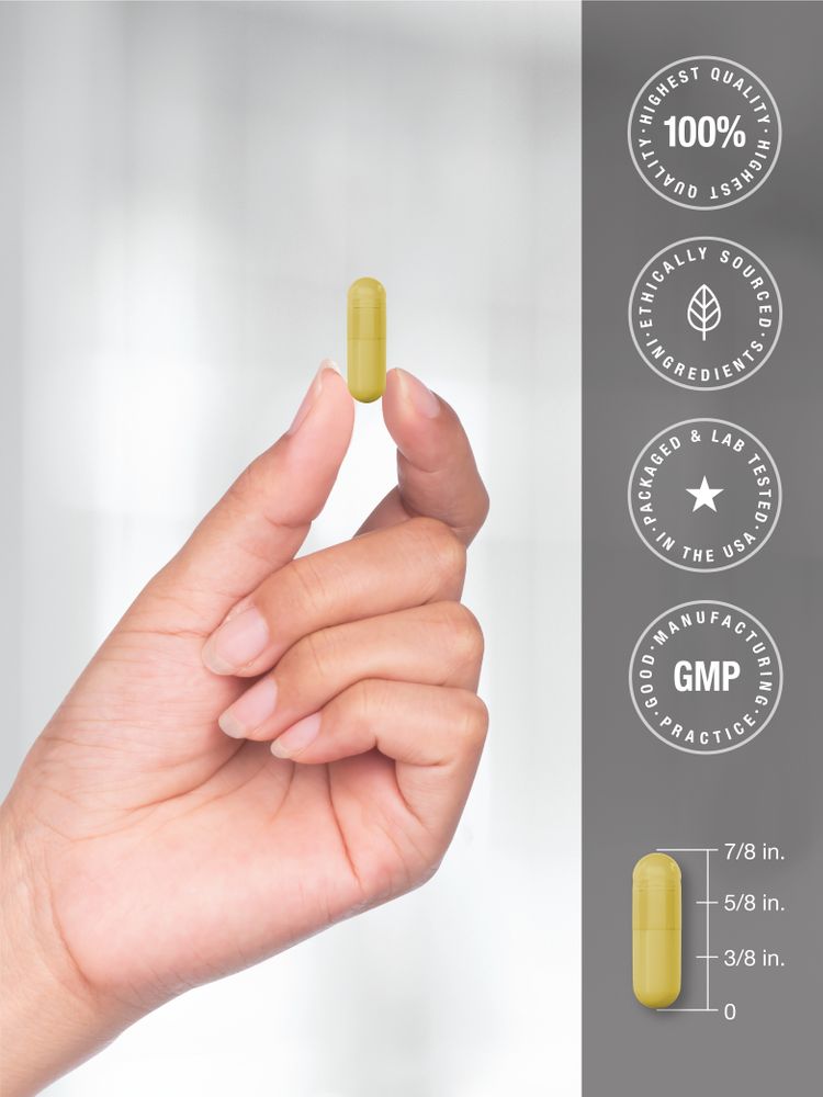 A hand holds a yellow turmeric capsule measuring 7/8 inches long.