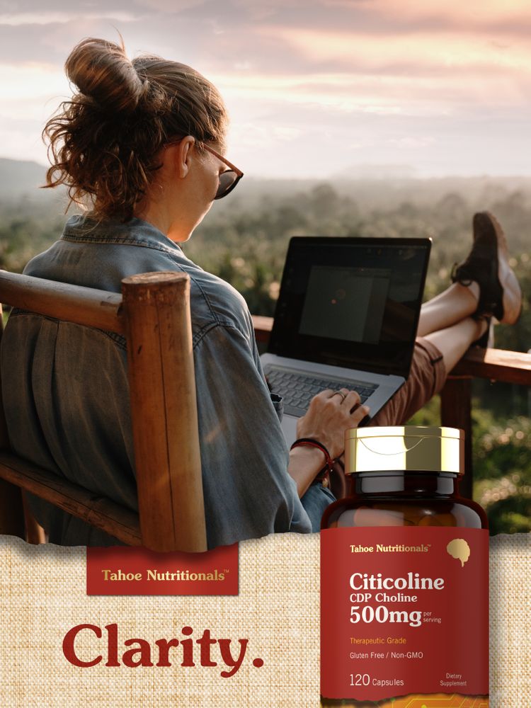 Citicoline CDP Choline supplement, 500mg per serving, available in a 120-capsule bottle, shown next to a hand for scale.