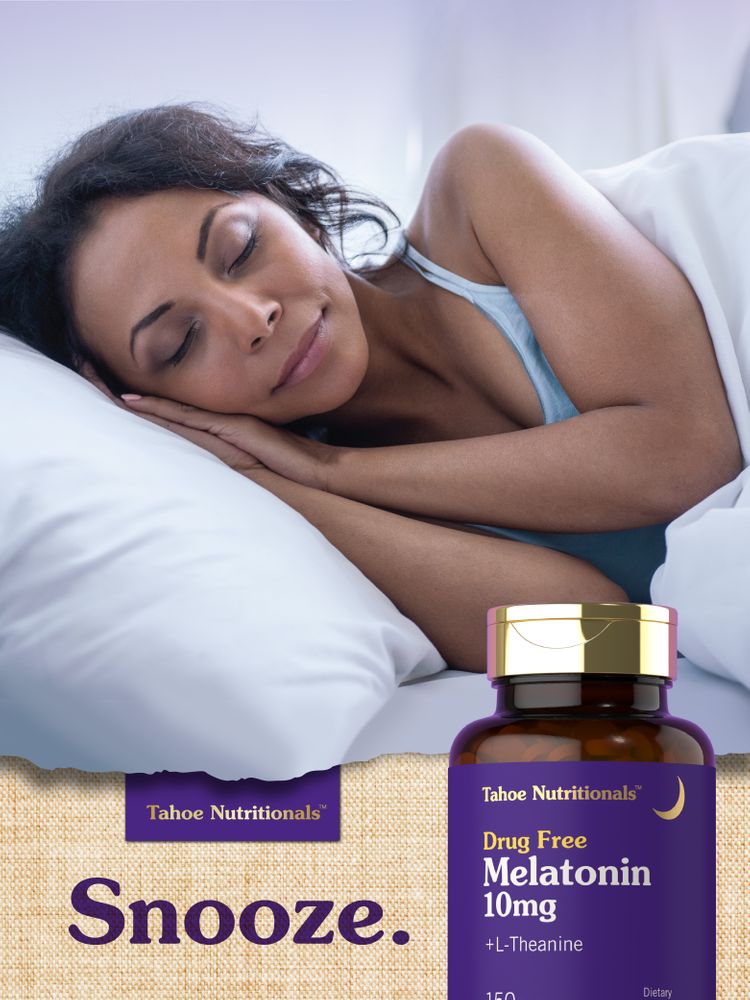Hand holding Tahoe Nutritionals Melatonin 10mg + L-Theanine bottle, 150 tablets, drug-free sleep aid.