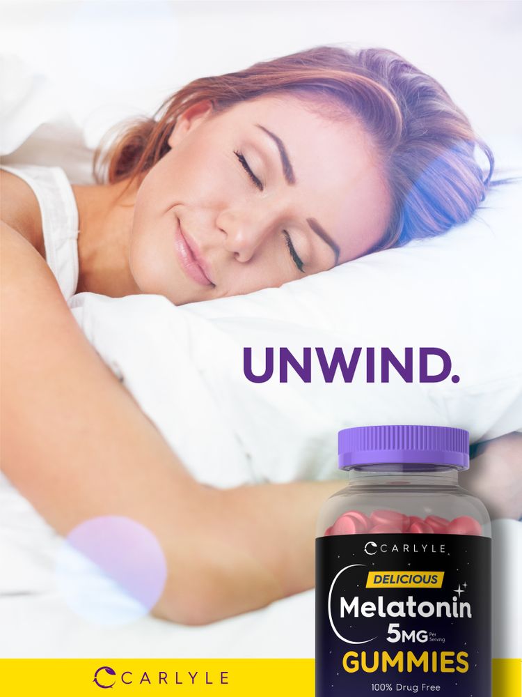 Carlyle Melatonin 5mg Gummies, 100 count bottle. A young woman peacefully sleeps beside it. Text reads: UNWIND.