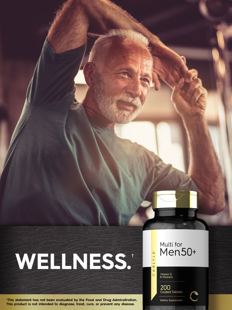 Older man stretches with arms raised, next to a bottle of Carlyle Multi for Men 50+, promoting wellness.