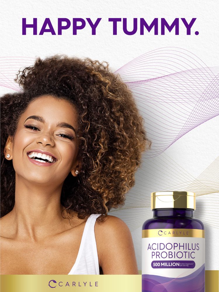 Smiling young woman next to a Carlyle Acidophilus Probiotic bottle.