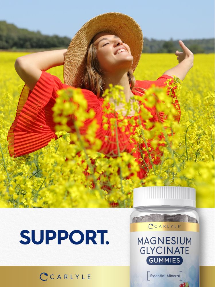 Carlyle Magnesium Glycinate Gummies in a bottle, featuring dark grey gummies.