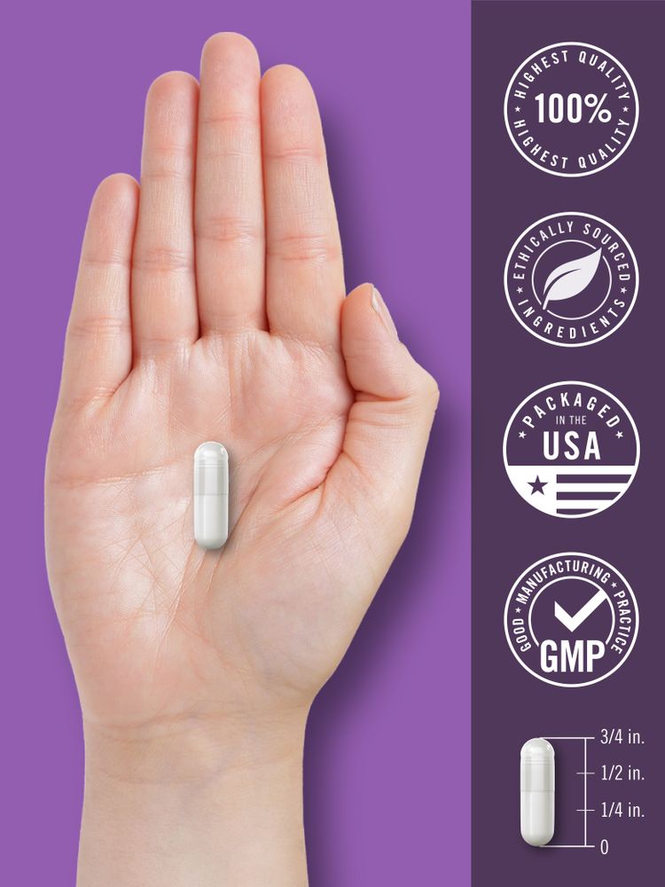 A hand holds a white capsule measuring 3/4 inch.