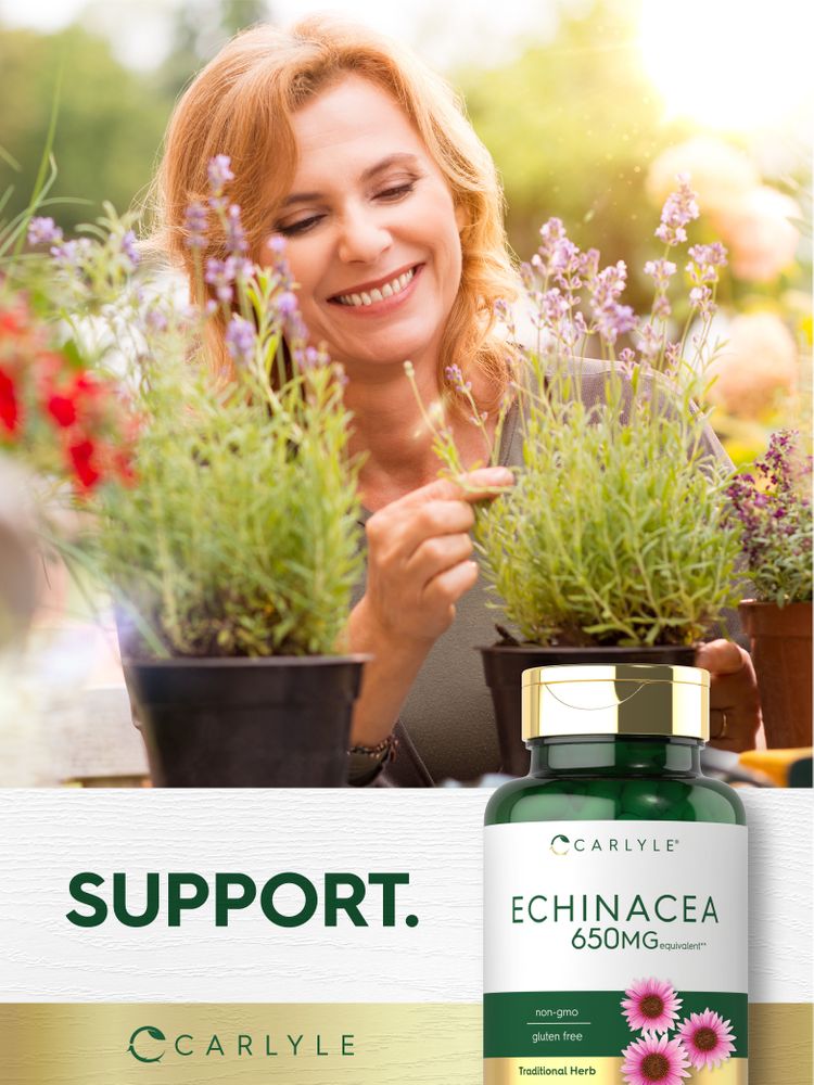 Smiling middle-aged woman gardening with potted lavender plants beside a Carlyle Echinacea 650mg bottle.