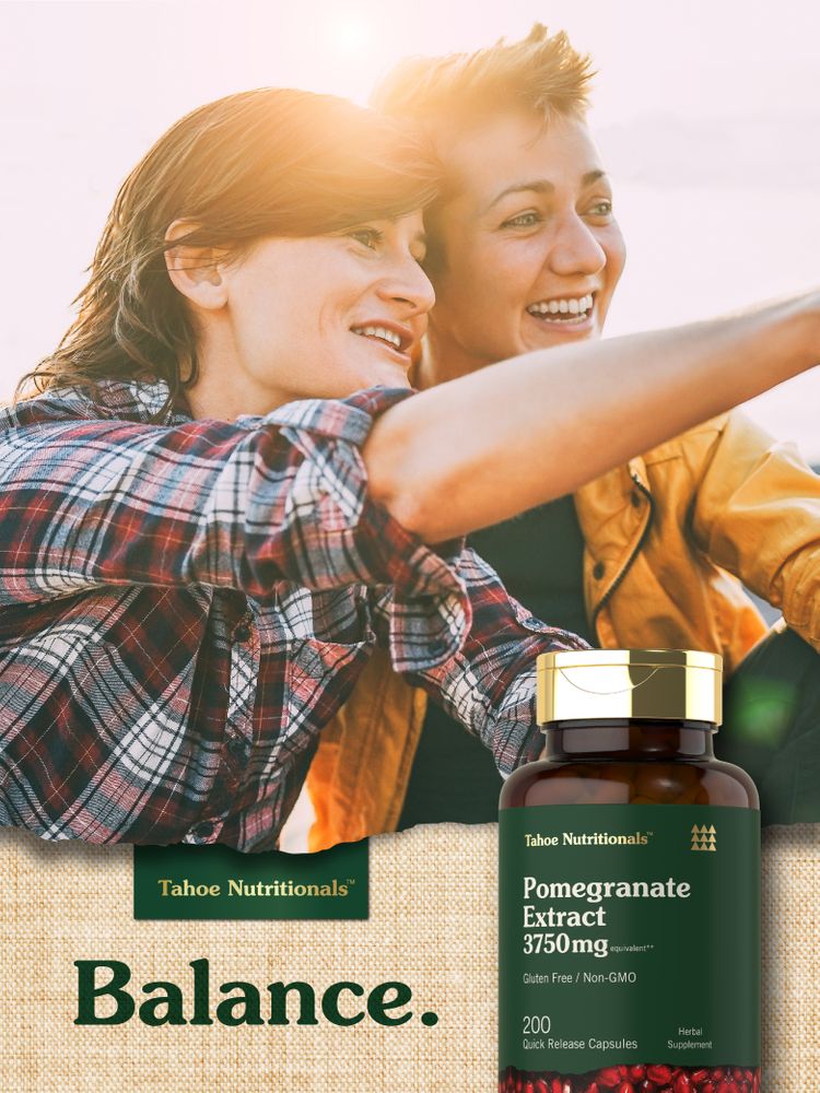 3750mg Pomegranate Extract in 200 quick release capsules shown on a hand scale.