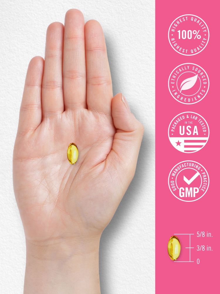 A softgel rests on a hand, showing it measures 5/8 inch long and 3/8 inch wide.