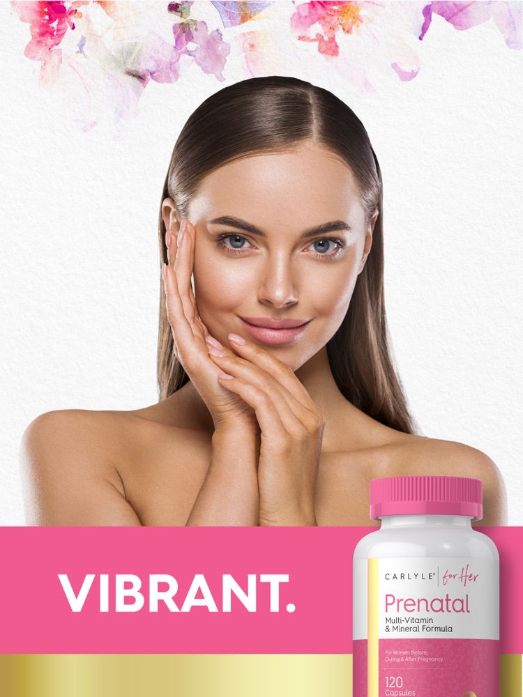 Carlyle Prenatal Vitamins & Minerals, 120 Capsules on a hand for size comparison.