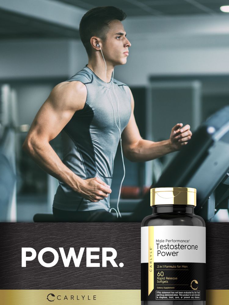 Carlyle Male Performance Testosterone Power 60 Rapid Release Softgels bottle shown on scale.