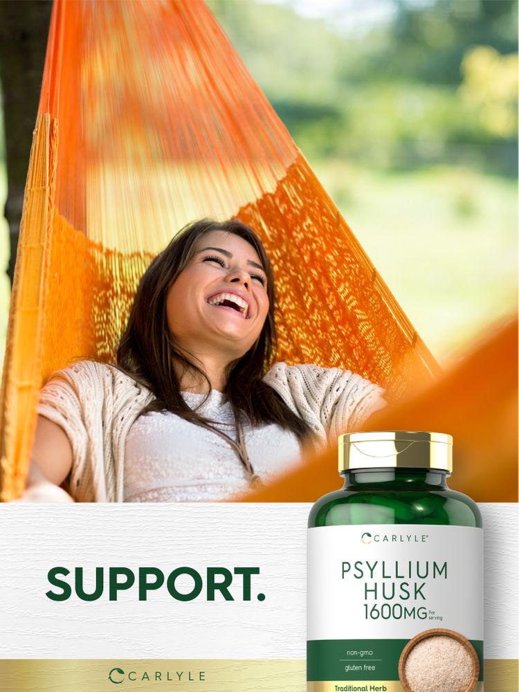 Carlyle Psyllium Husk 1600 mg capsules in a bottle, next to a wooden bowl filled with Psyllium Husk powder.