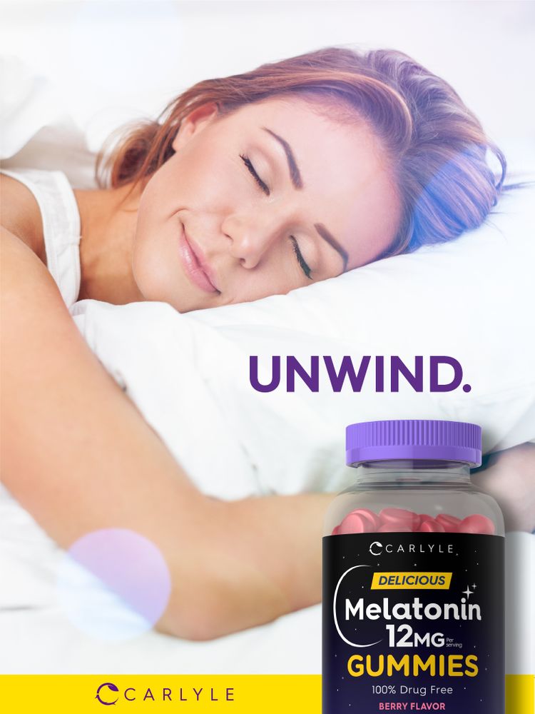 Carlyle Melatonin 12mg gummies, 100 count, berry flavor, displayed on a hand to show scale.