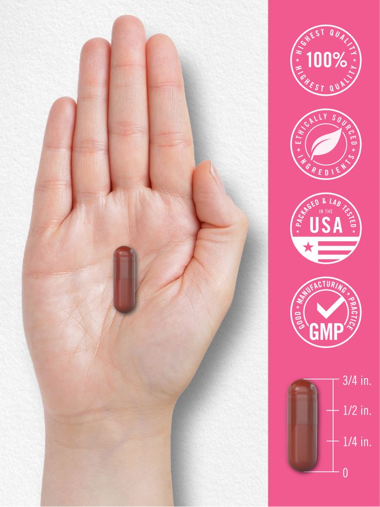 A capsule measuring three-quarters of an inch in length, used for scale in a hand.