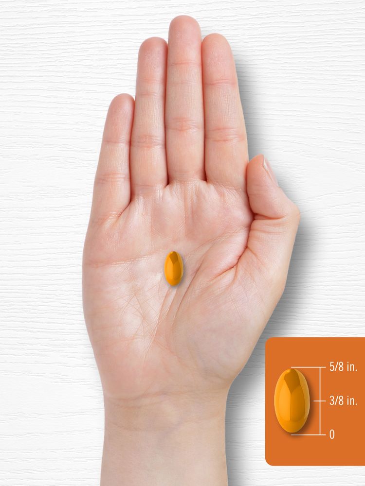 Orange softgel held in hand, illustrated with dimensions: 5/8 inch long, 3/8 inch wide, for scale.