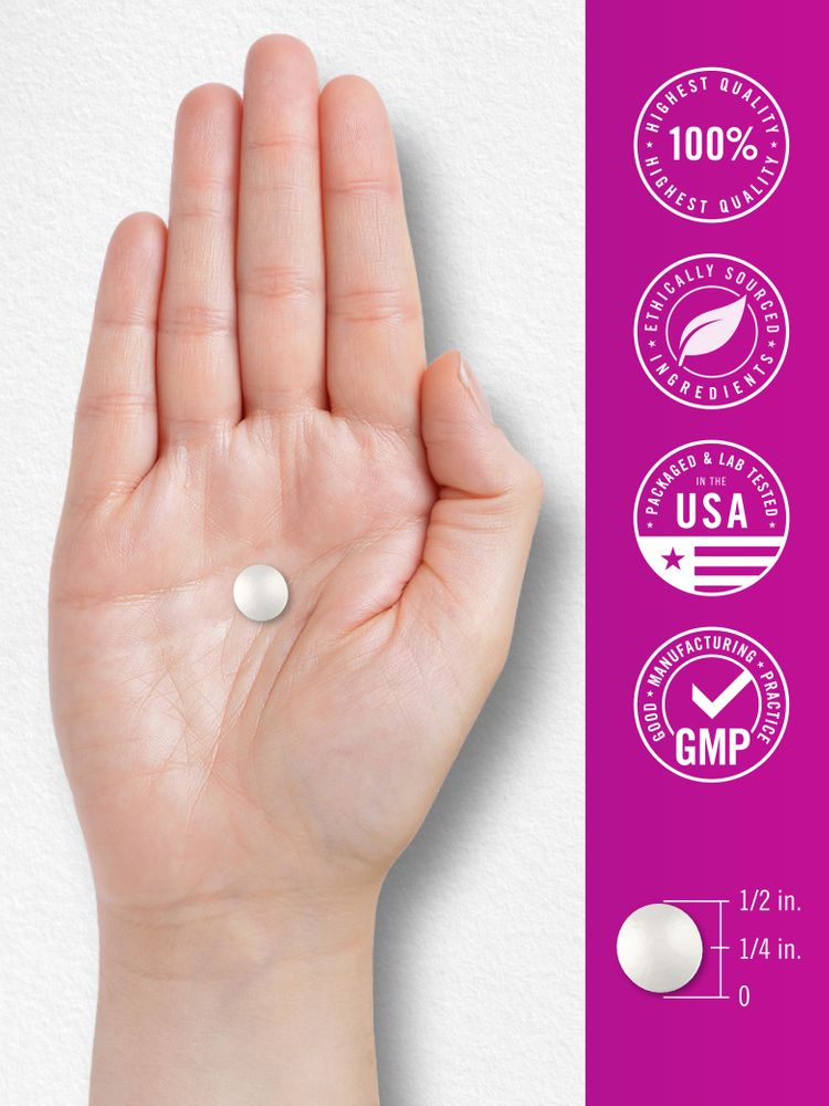 A small white tablet is held in a hand, measuring 1/2 inch in diameter and 1/4 inch in thickness.