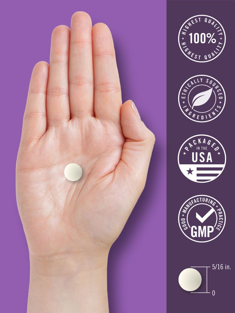 A hand holds a single round, off-white tablet, measuring 5/16 inches in diameter.