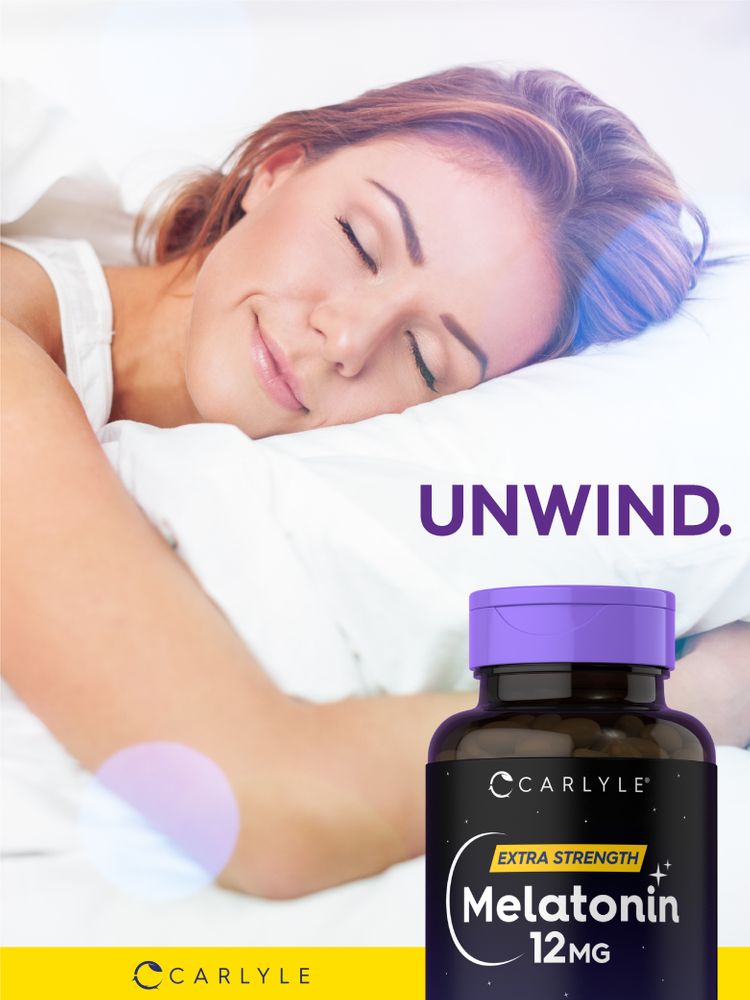 Young adult woman sleeping peacefully in bed with a bottle of Melatonin beside her.