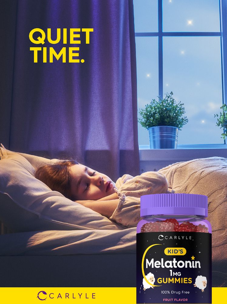 A young girl sleeping with a bottle of Kid's Melatonin Gummies; graphic states 'QUIET TIME'.