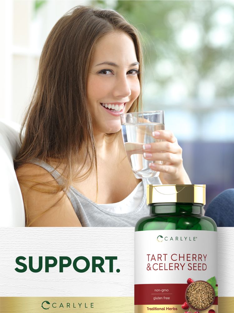 A young woman drinks water next to a bottle of Carlyle Tart Cherry & Celery Seed supplement.