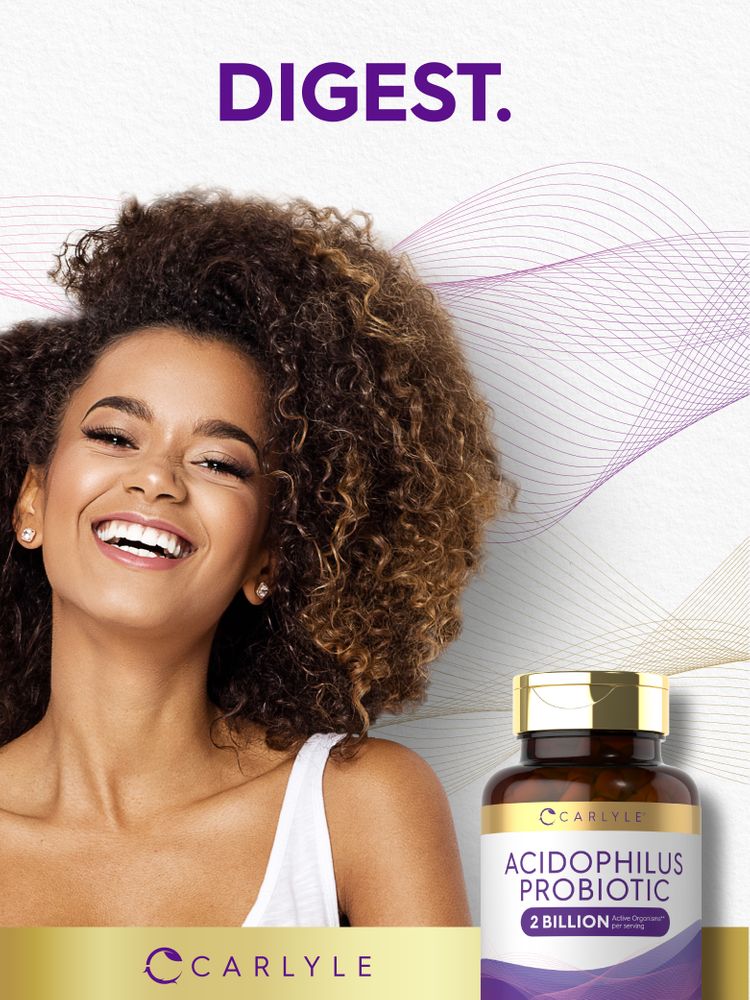 A young woman smiling next to a bottle of Acidophilus Probiotic.
