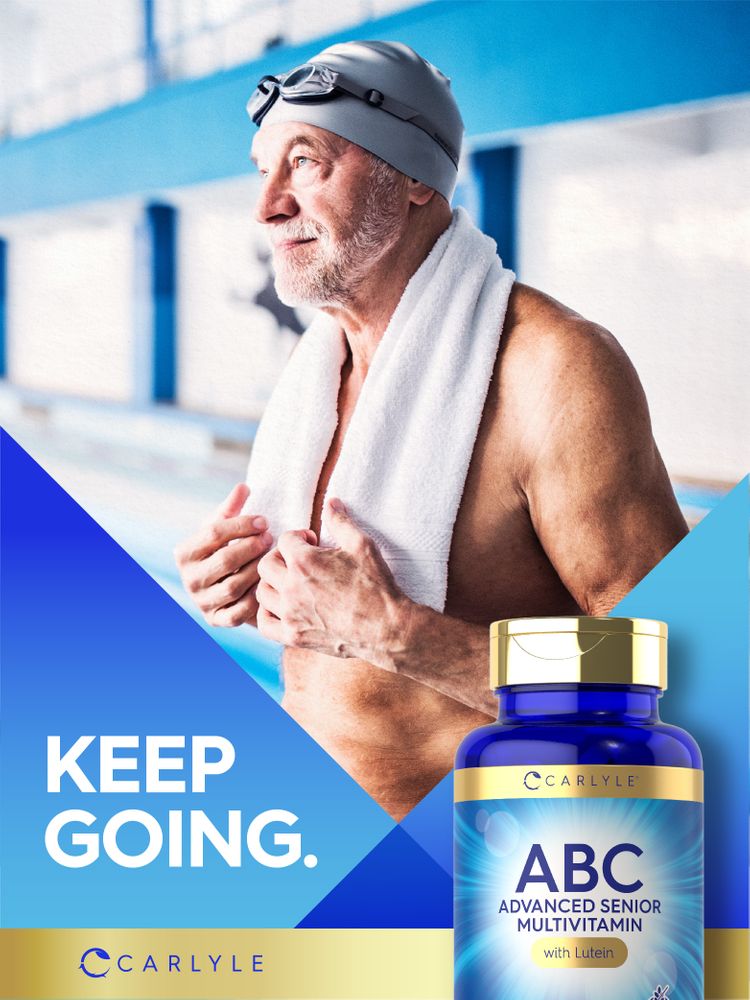 Senior man by a swimming pool, wearing a swim cap and goggles, with a towel, beside an ABC Advanced Senior Multivitamin bottle.