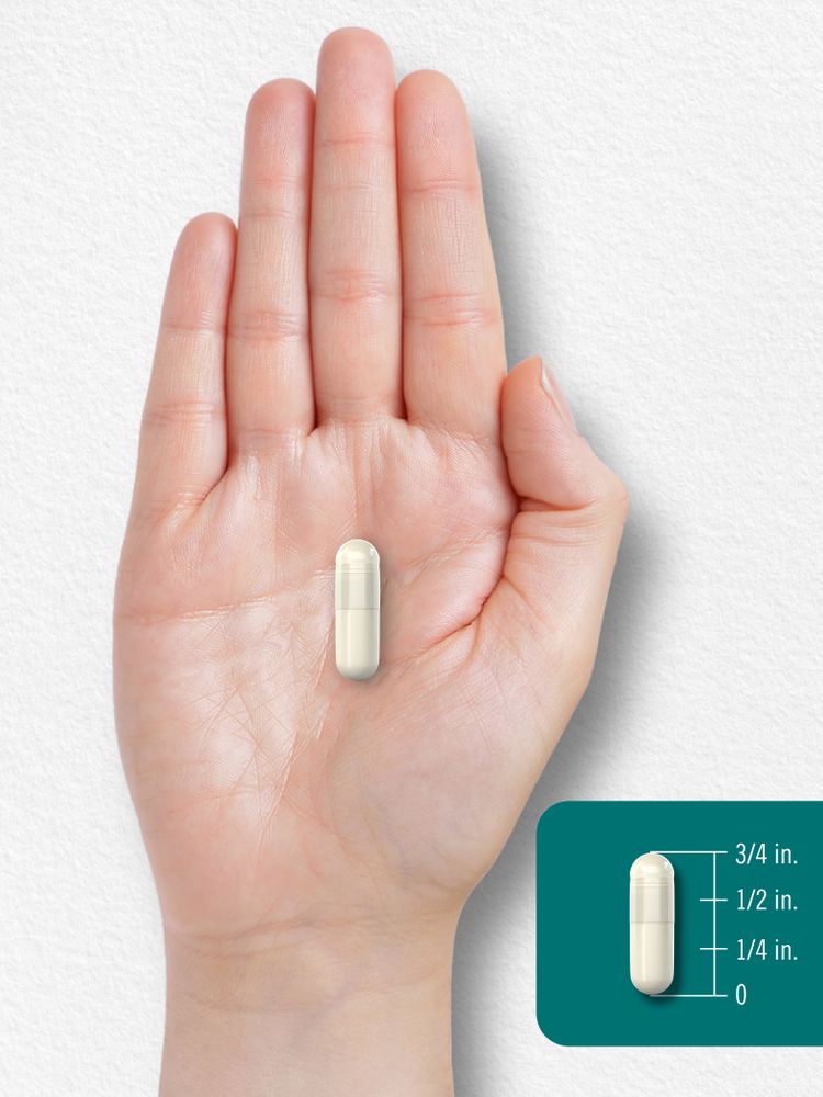 A white capsule, half an inch long, rests on an open hand.