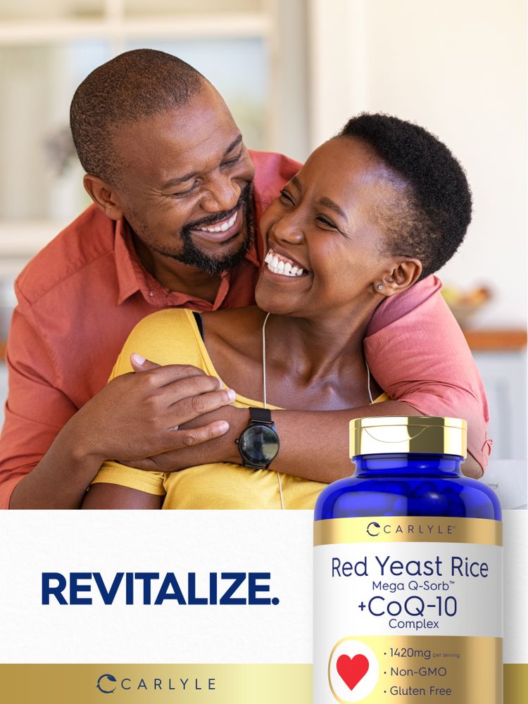 Bottle of Carlyle Red Yeast Rice + CoQ10 Complex with a smiling Black couple embracing; 'REVITALIZE.' text visible.