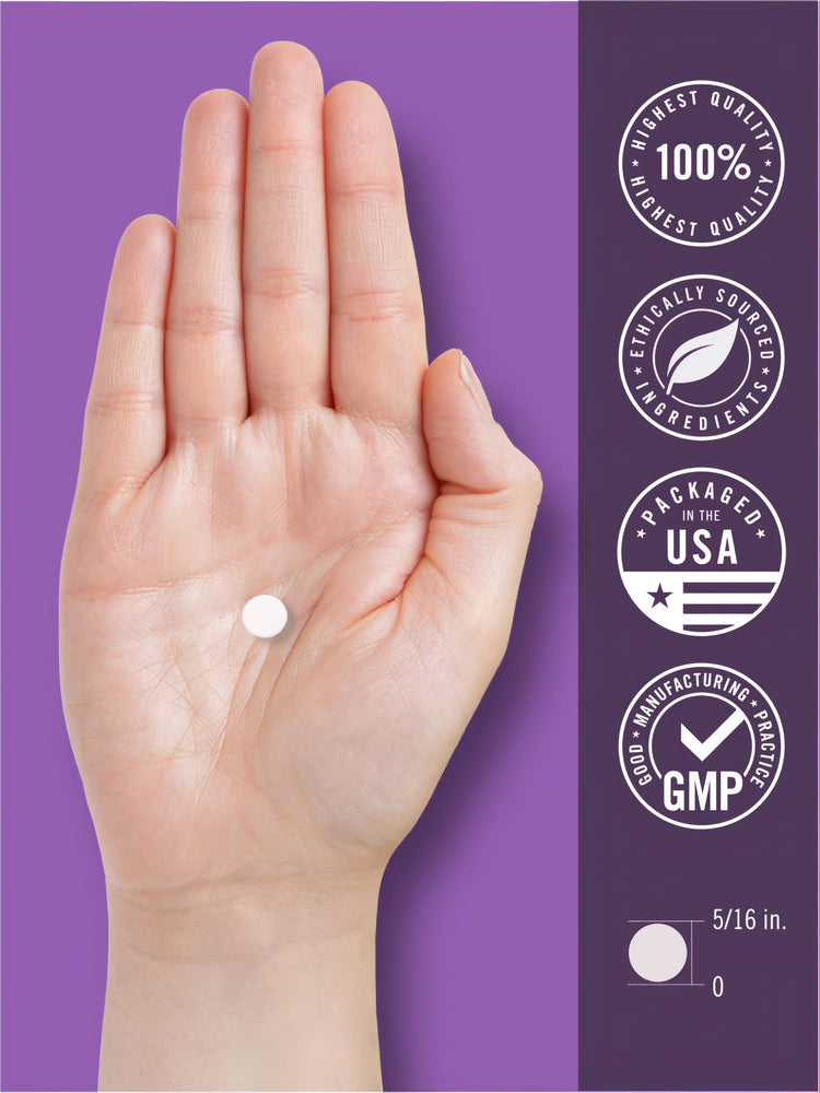 A white round tablet, 5/16 inch in diameter, is held in an open hand.