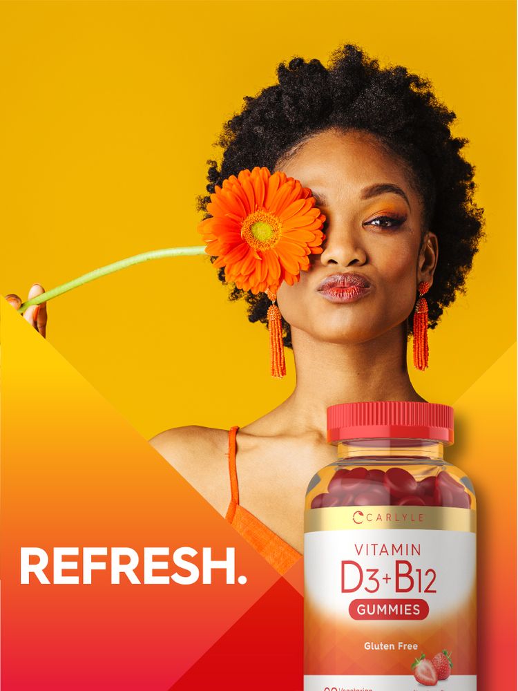 Young woman holds an orange flower over her eye next to a D3+B12 Gummies bottle, with 'REFRESH.' text beside her.