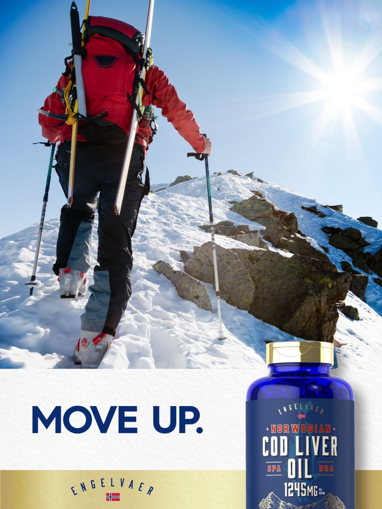 A person ski-tours up a snowy mountain with ski poles and skis on their backpack, next to a Cod Liver Oil bottle.