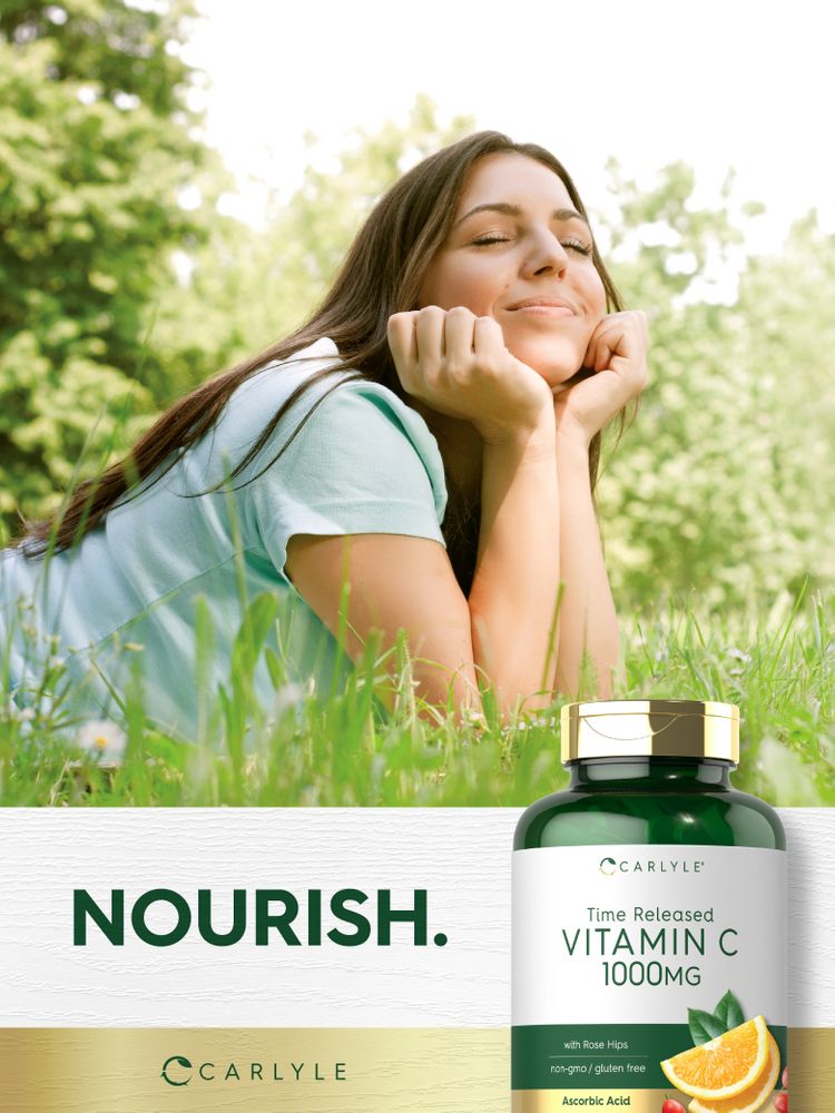 A bottle of Carlyle Time Released Vitamin C 1000mg held in hand.