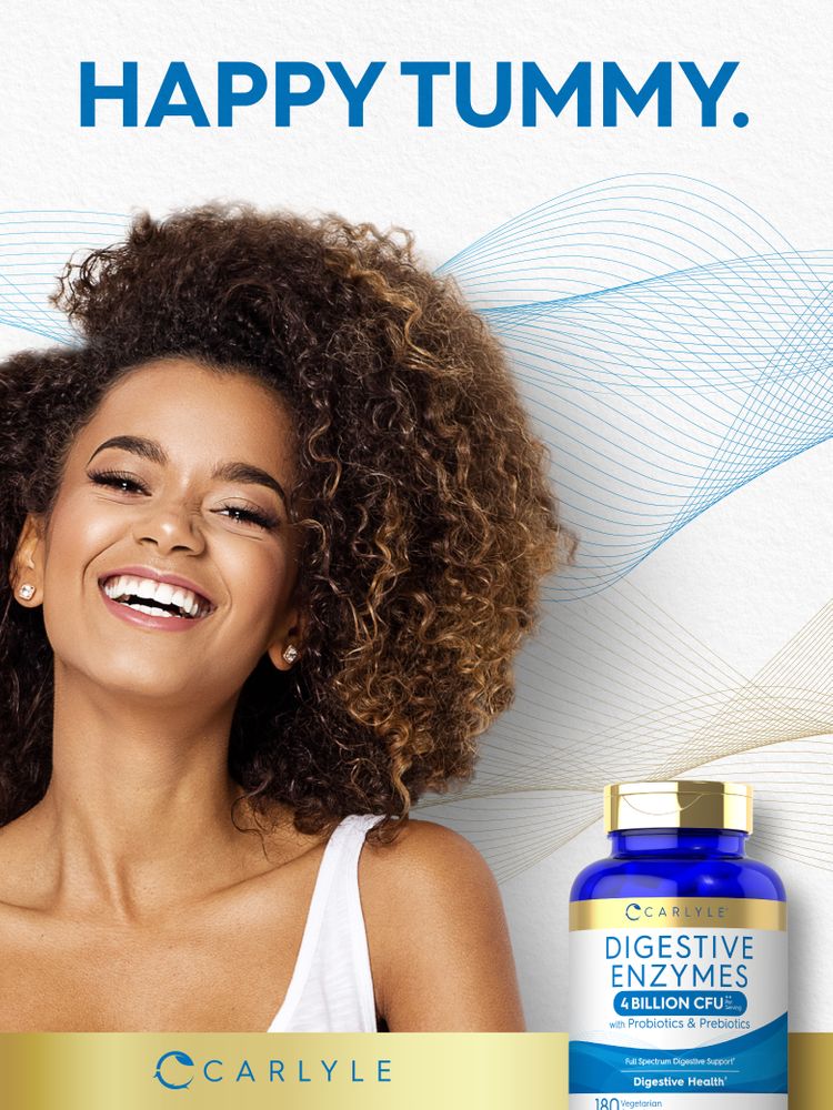 Young woman smiling beside a Carlyle Digestive Enzymes bottle with 'HAPPY TUMMY.' text in the background.