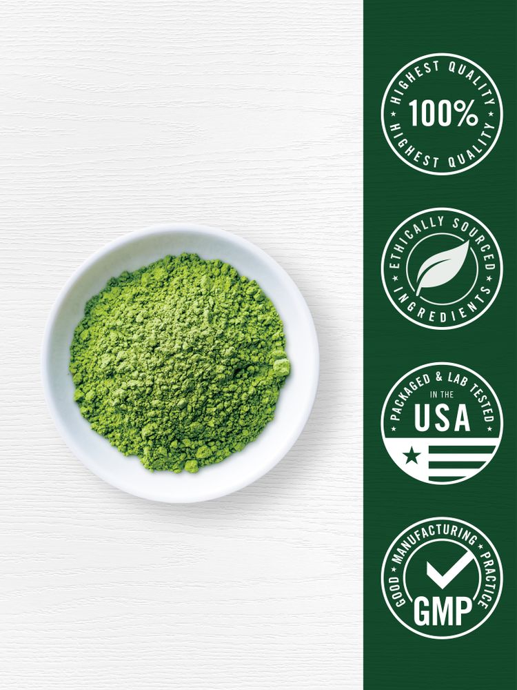 Organic greens powder in a white bowl, 1.1lbs with 100 servings.