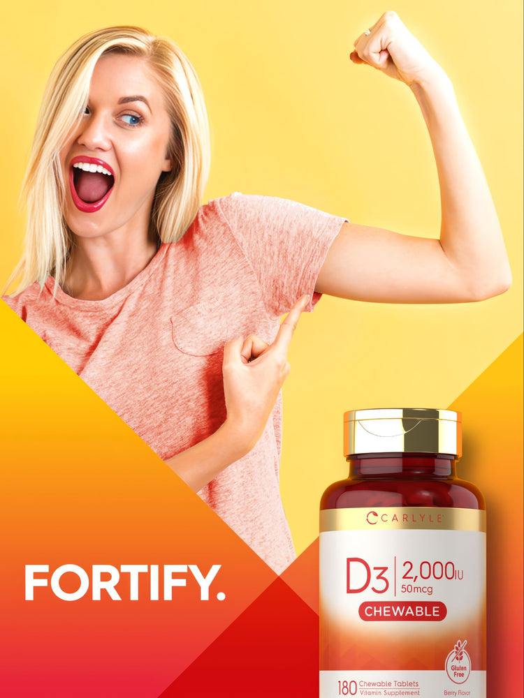 Blonde woman flexing, pointing, and smiling with Carlyle D3 2,000 IU Chewable in hand.