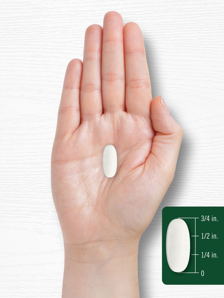 A white, oval tablet measuring three-quarters of an inch in size, depicted on a hand scale.