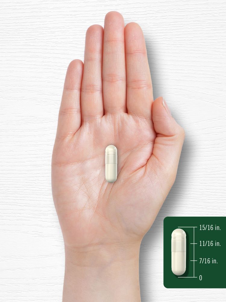 Hand holding a capsule measuring 15/16 inches in length, displayed on a bulk scale to show size for accurate measurement.