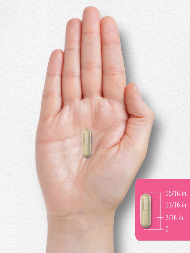 A capsule rests on a hand, accompanied by a graphic showing measurements of 15/16 in., 11/16 in., and 7/16 in.