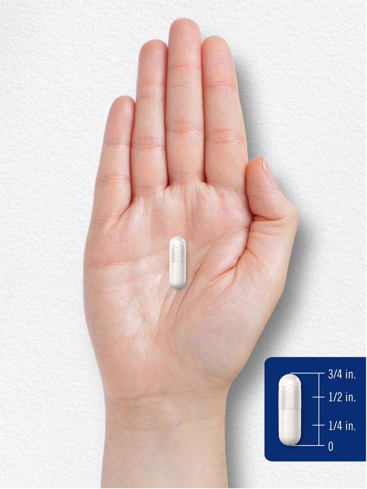 A white capsule rests on a hand, with a graphic indicating its length is three-fourths of an inch.