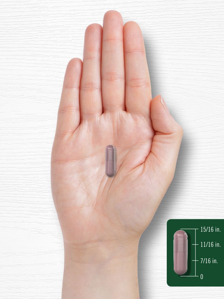 A capsule shown next to a measuring tape for size reference, indicating it is 15/16 inches in length.