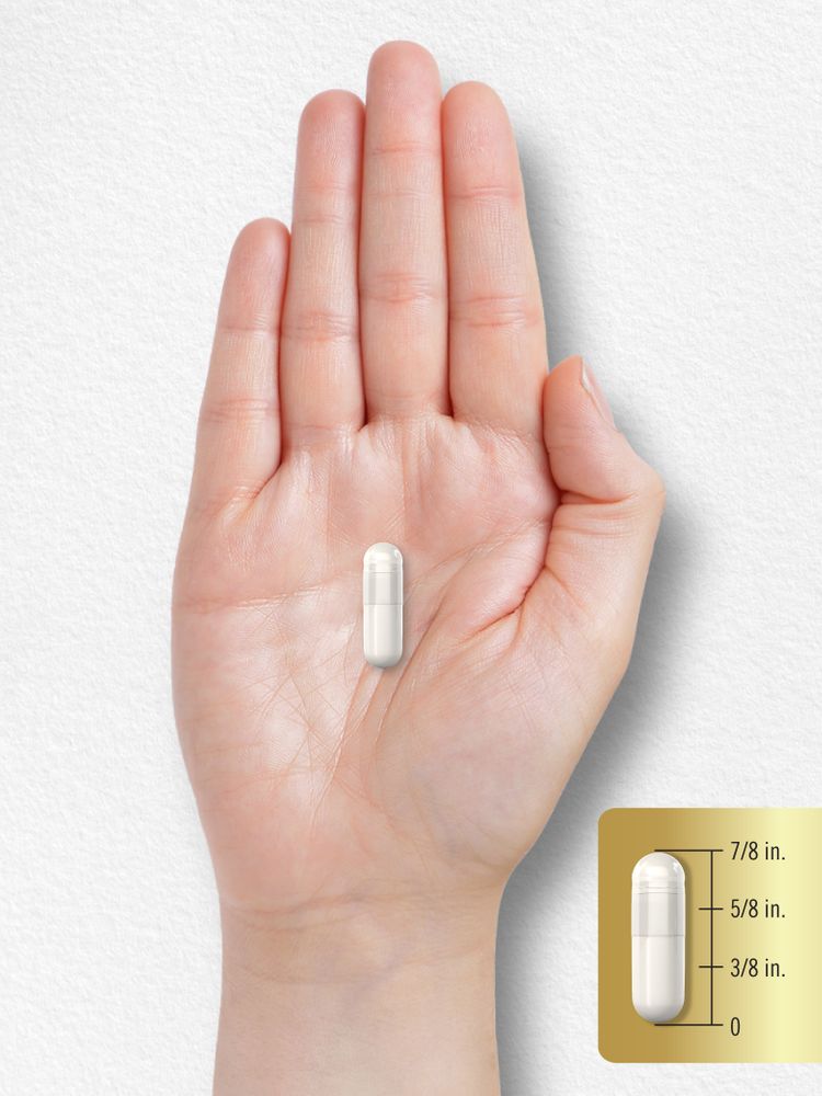 A white capsule measuring seven-eighths of an inch long is displayed.