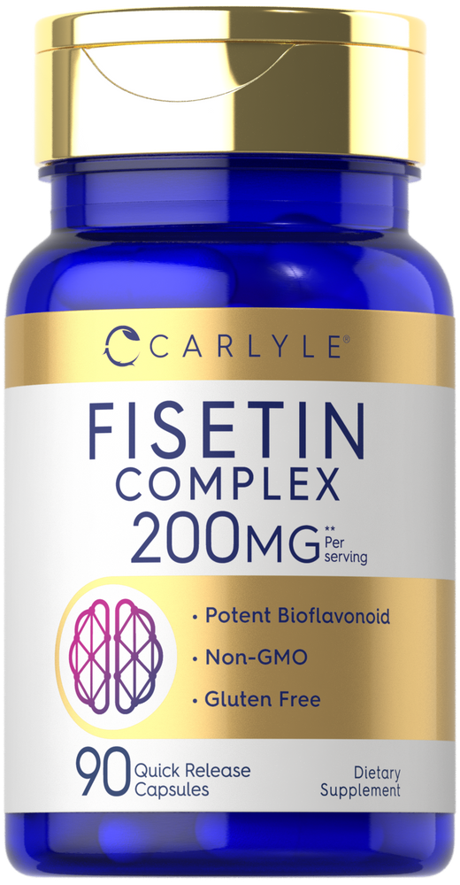 Hand holding Carlyle Fisetin Complex 200 mg, 90 capsules for quick release.