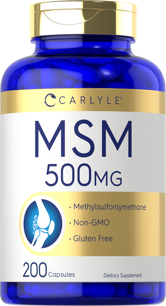 Blue bottle of 200 MSM 500 mg capsules.