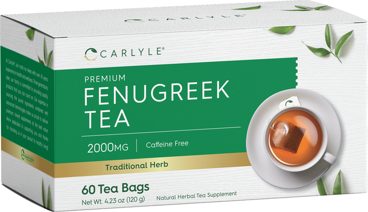 Fenugreek Tea Bags, 2000mg, Caffeine Free, 60 count. A cup of brewed tea with a tea bag rests on a white saucer.