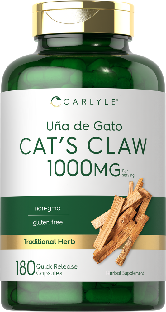 Carlyle Cat's Claw 1000mg capsules, 180 count, for quick release, shown on a hand scale.