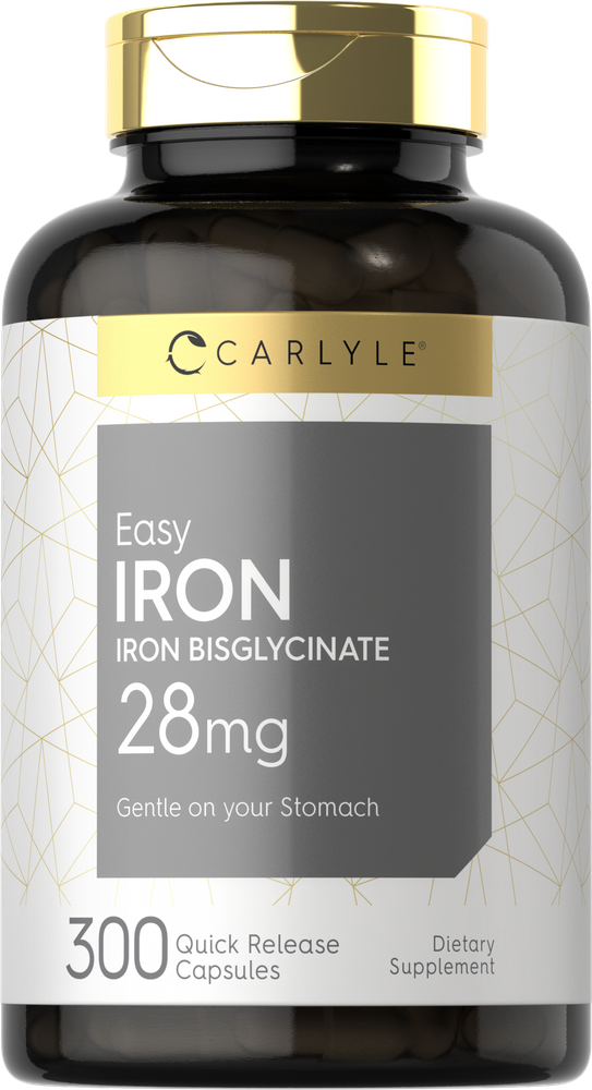 Bottle of 300 quick release capsules containing 28mg of iron bisglycinate in clear plastic jar, shown on hand scale.