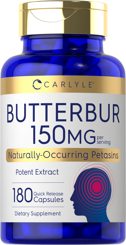 Butterbur Extract 150 mg, 180 Quick Release Capsules, shown in a hand for scale.