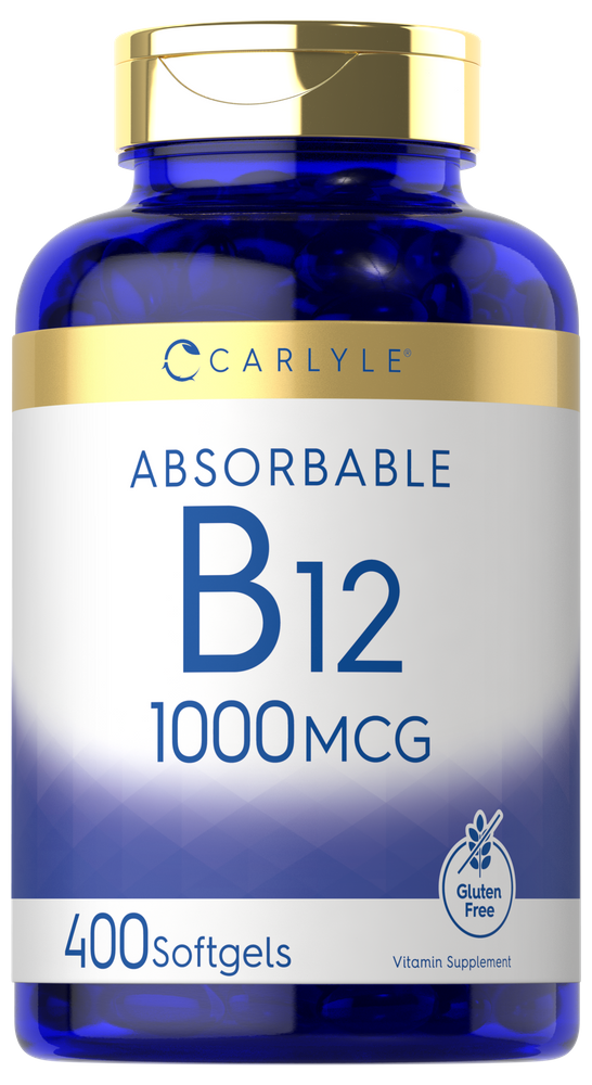 Carlyle Absorbable B12, 1000mcg, containing 400 softgels, shown on a hand scale to illustrate the bulk size of the package.